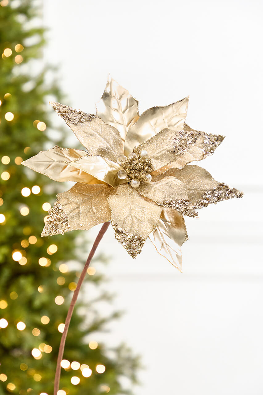 22" x 11” Gold Metallic Glitter Poinsettia Stem