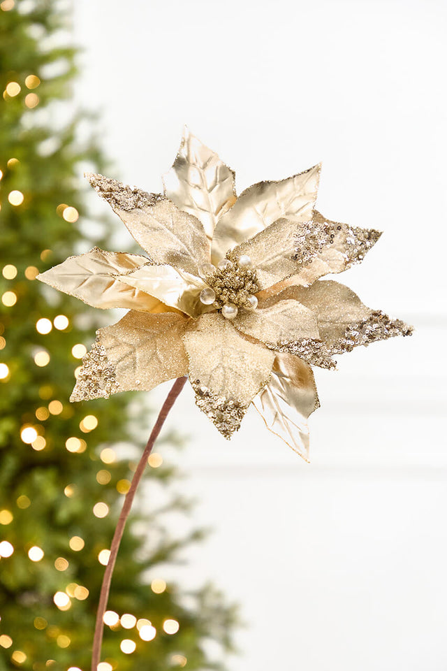 22" x 11” Gold Metallic Glitter Poinsettia Stem