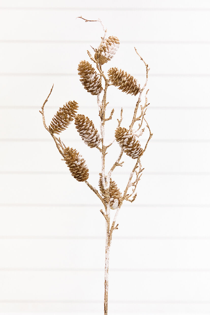 36" Snowy Golden Pinecone Spray