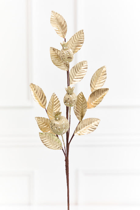 24" Metallic Gold Pomegranate Leaf Spray