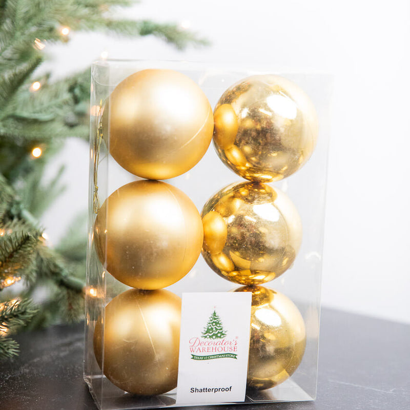 3.1” Shiny/Matte Light Gold Shatterproof Ornaments - Set of 6