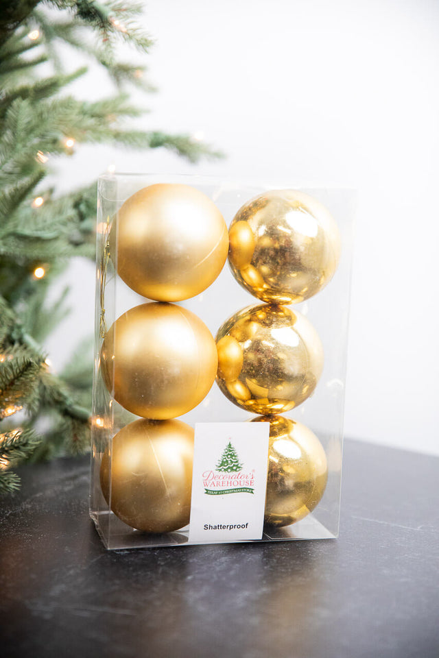 3.1” Shiny/Matte Light Gold Shatterproof Ornaments - Set of 6