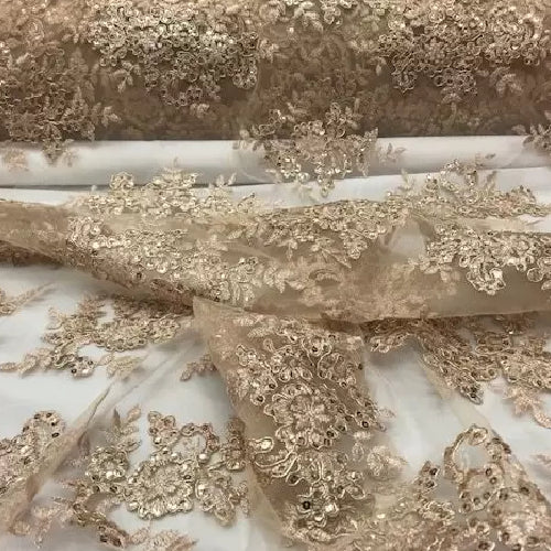 Gold Sequin Lace Fabric With Embroideries On Mesh - Gold Embroidered Lace, 54" Width