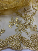 Elena'S Lace Gold Polyester Lace Fabric - Gold Corded Mesh Embroidered With Sequins, Double Scalloped Edge, 54" Width (1 Yard)