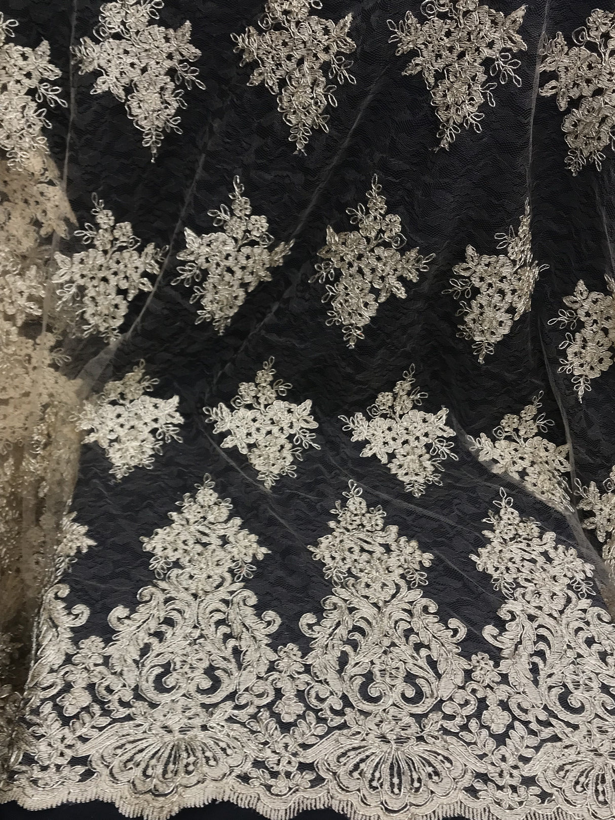 Metallic Silver Corded Lace Polyester Fabric - Silver, Sheer, 54/55" Width