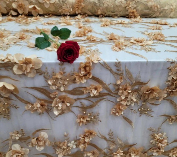 3D Lace Fabric Gold Floral Embroidery