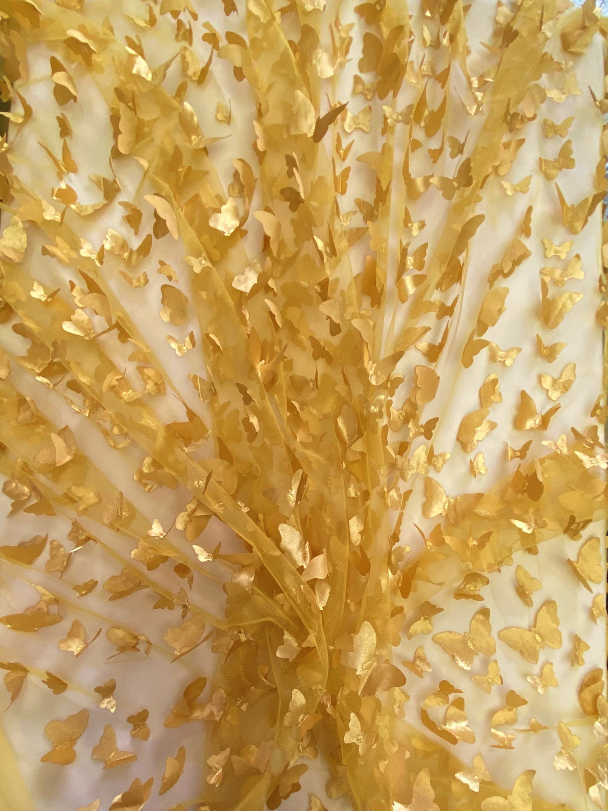 3D Butterflies Gold Polyester Fabric - Light Weight Satin Butterflies On 2-Way Stretch Mesh, Gold, 54" Width