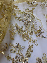 Elena'S Lace Gold Polyester Lace Fabric - Gold Corded Mesh Embroidered With Sequins, Double Scalloped Edge, 54" Width (1 Yard)