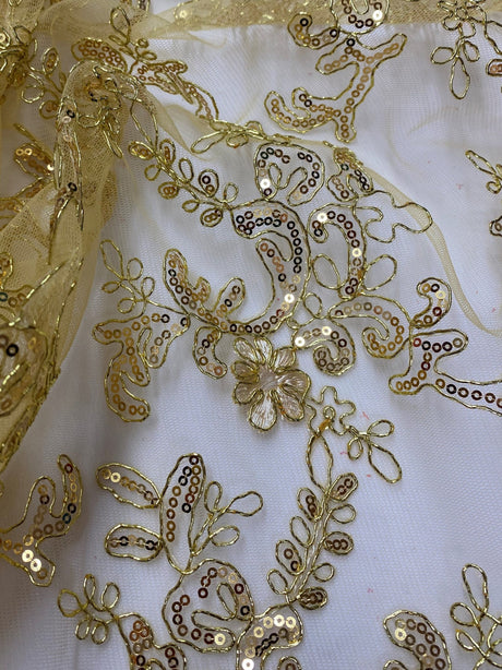 Elena'S Lace Gold Polyester Lace Fabric - Gold Corded Mesh Embroidered With Sequins, Double Scalloped Edge, 54" Width (1 Yard)