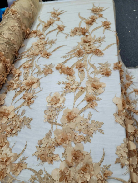 3D Lace Fabric Gold Floral Embroidery