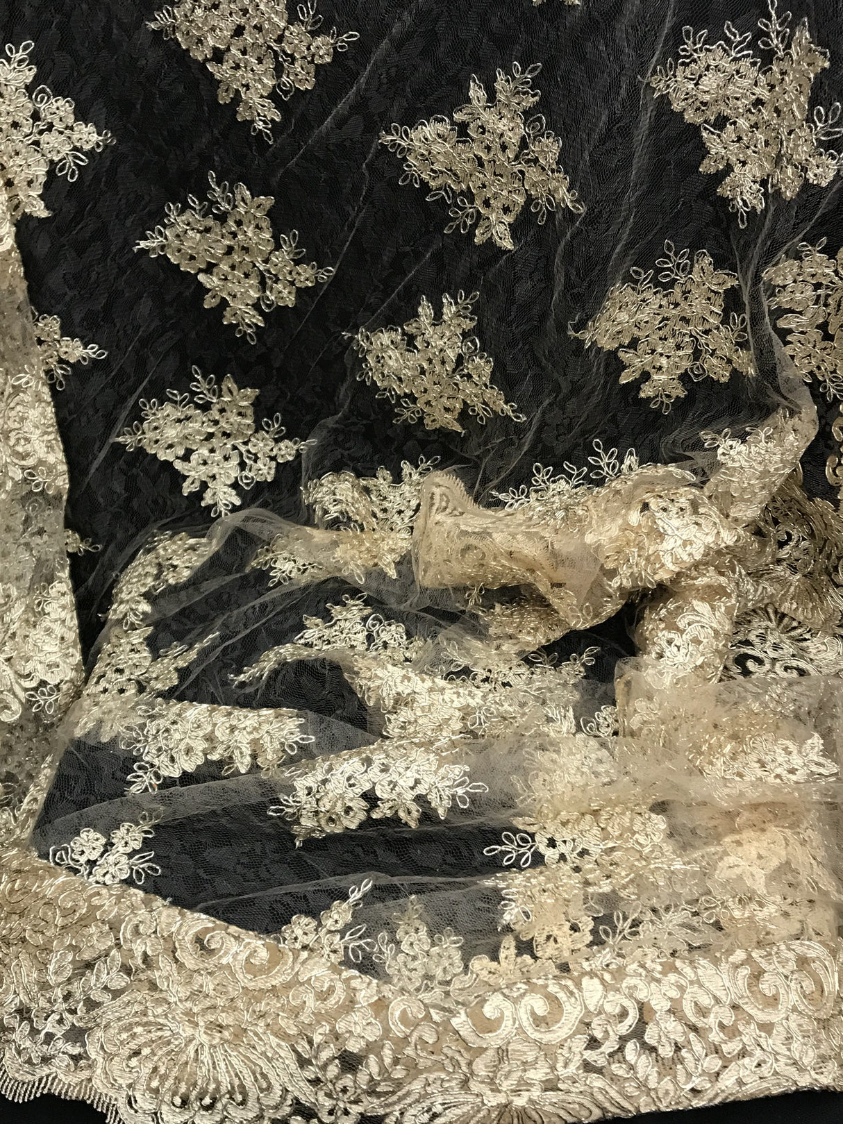 Gold Metallic Floral Lace Polyester Fabric - Gold Floral Pattern, 54/55" Width (1 Yard)