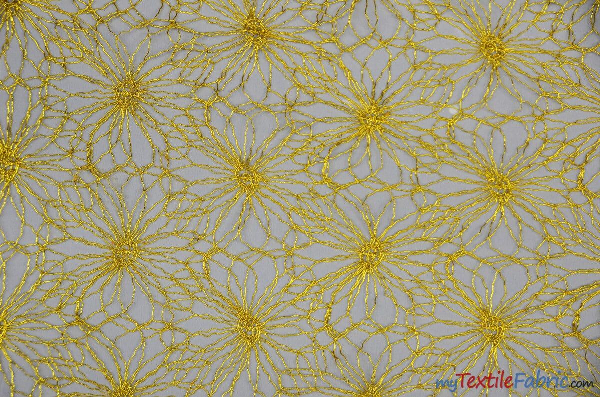 Open Weave Metallic Rose Mesh Polyester Fabric - Silver And Gold, Scalloped Edge, 52" Wide (1 Yard)