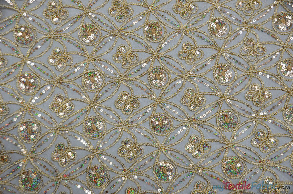 Coco Star Sheer Embroidery Fabric - Champagne, Gold, Silver Star Sequins, Double Scallop Lace, 52" Width