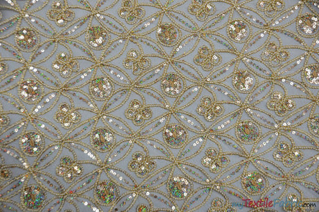 Coco Star Sheer Embroidery Fabric - Champagne, Gold, Silver Star Sequins, Double Scallop Lace, 52" Width