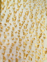 3D Butterflies Gold Polyester Fabric - Light Weight Satin Butterflies On 2-Way Stretch Mesh, Gold, 54" Width