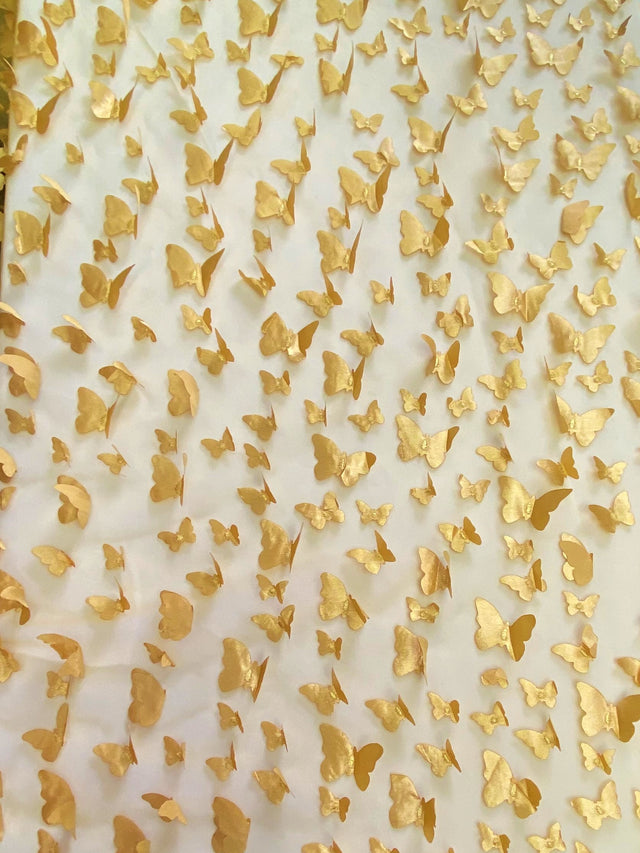 3D Butterflies Gold Polyester Fabric - Light Weight Satin Butterflies On 2-Way Stretch Mesh, Gold, 54" Width