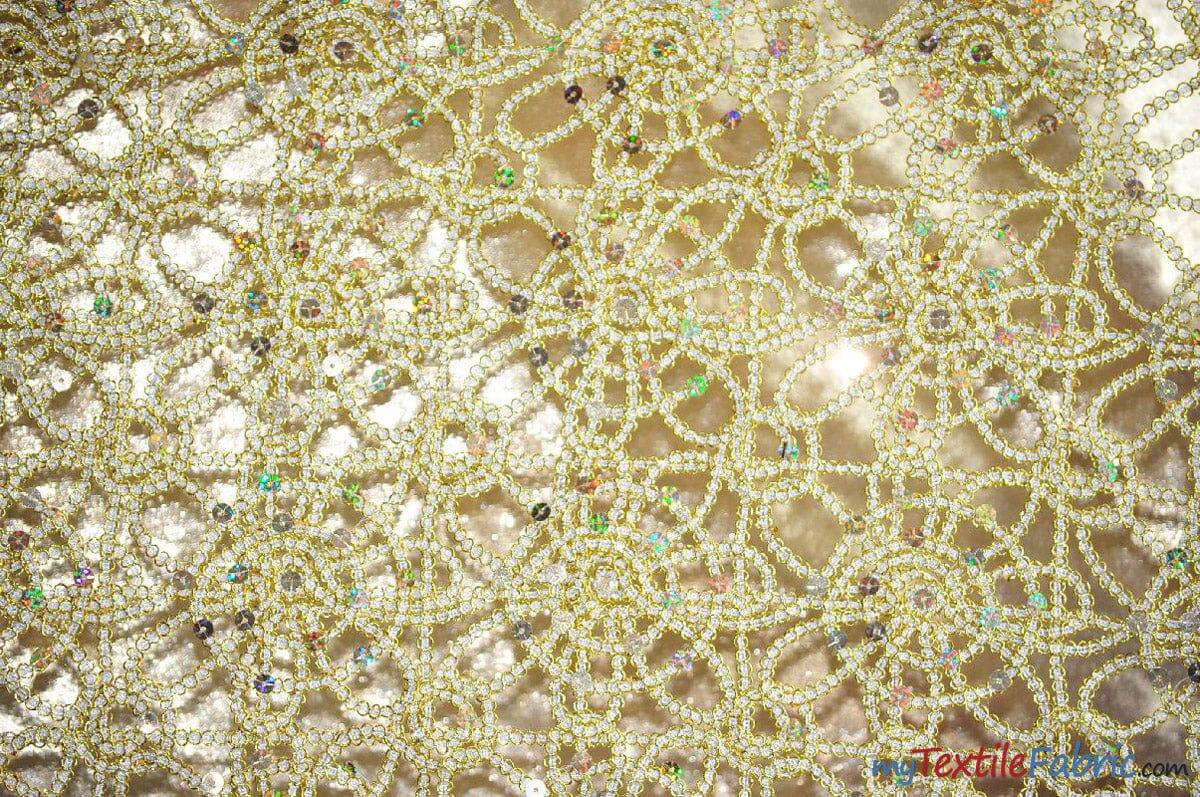 Open Weave Chain Chemical Lace Polyester Fabric - Sheer Metallic Open Work, Sequins Embellished, 50" Width, 10 Colors (1 Yard)