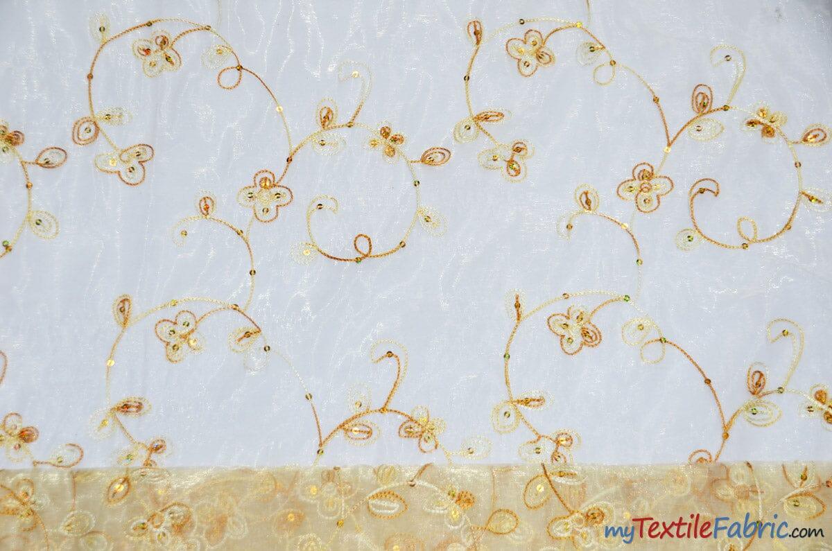 Dahlia Organza Embroidery Polyester Fabric - Embroidered Floral Sheer With Sequins Embellishment, 54" Width (1 Yard)