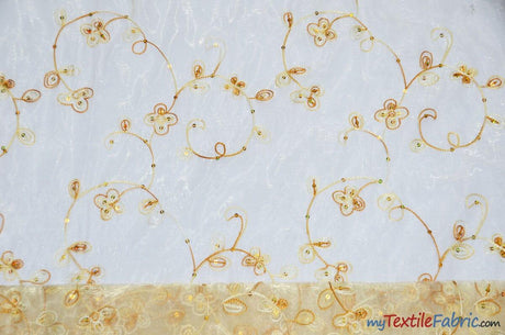 Dahlia Organza Embroidery Polyester Fabric - Embroidered Floral Sheer With Sequins Embellishment, 54" Width (1 Yard)
