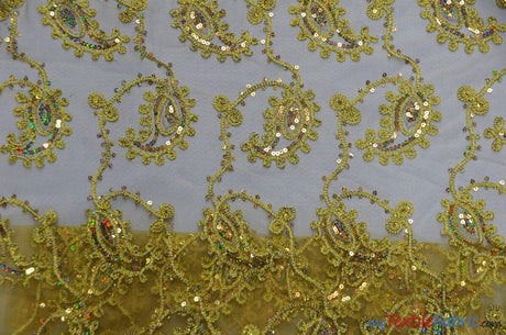 Coco Paisley Polyester Fabric - Sheer Embroidered Paisley, Double Scallop Lace, 52" Width (1 Yard)
