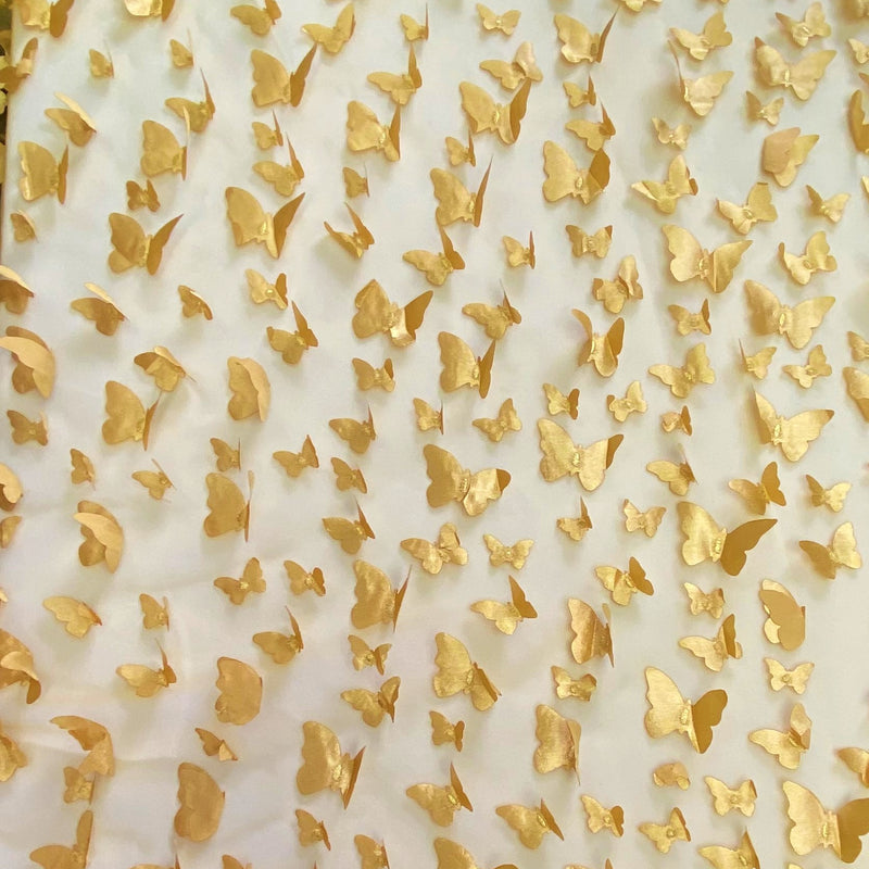 1 Yard Gold 3D Butterfly Stretch Mesh Fabric with Satin Appliqué for Fashion and Crafts 54 Inch Wide