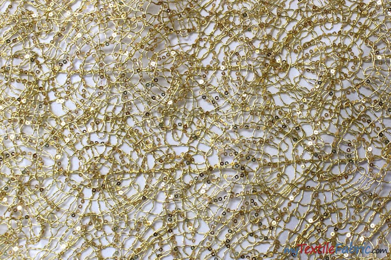 Open Weave Metallic Rose Mesh Fabric - Glitz Sequins, Scalloped Edge, Silver And Gold, 52" Wide (1 Yard)