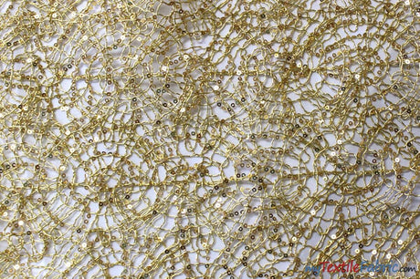 Open Weave Metallic Rose Mesh Fabric - Glitz Sequins, Scalloped Edge, Silver And Gold, 52" Wide (1 Yard)