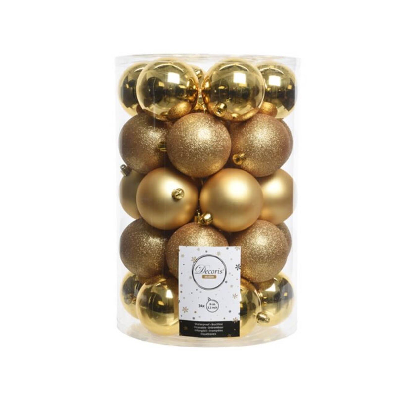 8cm Light Gold Shatterproof Christmas Ornaments - Set of 34