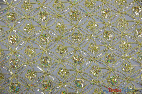 Coco Star Sheer Embroidery Fabric - Champagne, Gold, Silver Star Sequins, Double Scallop Lace, 52" Width