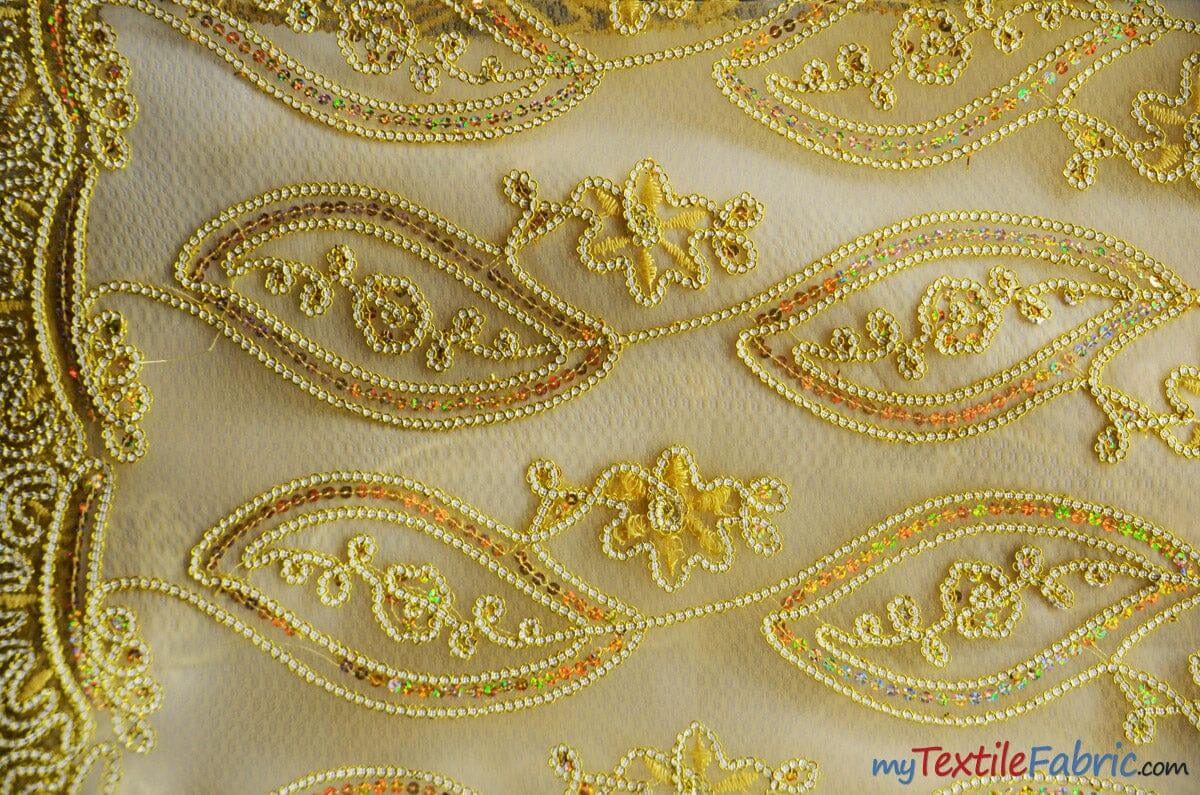 Coco Mango Polyester Fabric - Sheer Embroidery, Double Scallop Lace, Gold And Silver, 52" Width (1 Yard)