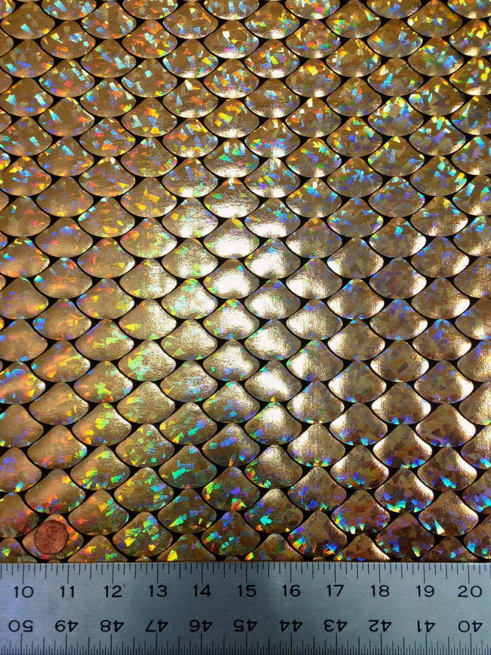 8 Colors Shiny Holographic Foil Mermaid Scales Pattern On Black Stretch Nylon Spandex Shiny Tricot Fabric - Black, Mermaid Scales, 58 To 60 Inches Wide