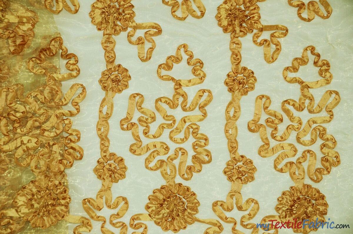 Luxury Organza Embroidery Polyester Fabric - Sheer Ribbon Embroidery, 54" Width, Multiple Colors (1 Yard)