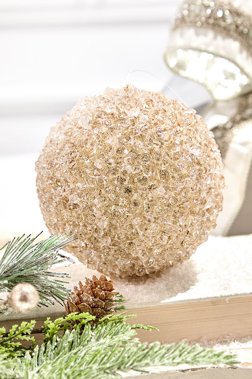 4" Champagne Glittered Iced Ball Ornament