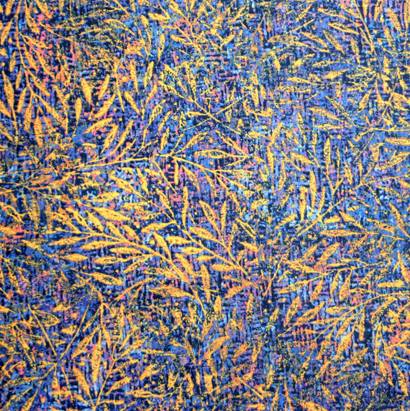 Nylon Spandex Swim Knit Gold Branches on Blue