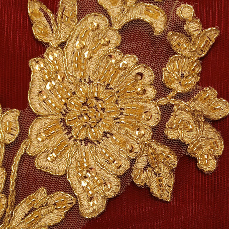 Beaded Corded Floral Lace Applique Polyester Fabric - Embroidered Net Mesh, 13" X 3", Black, Gold, Ivory, Silver, White, Ivory With Rose Gold Cording, White With Rose Gold Cording (1 Pair)
