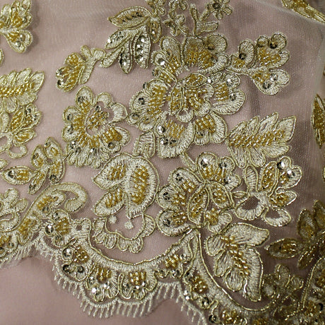 Beaded Corded Bridal Lace Polyester Fabric - Gold Metallic, Silver Metallic, White, Ivory, Rose Gold, Hunter Green, 51" Wide (1 Yard)