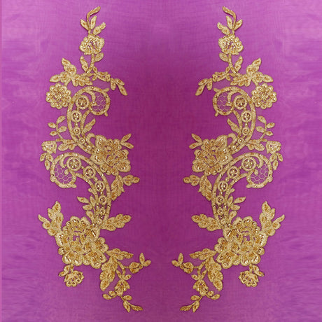 Beaded Corded Floral Lace Applique Polyester Fabric - Floral Embroidered Beaded Corded, 20" X 5.5" (1 Pair)