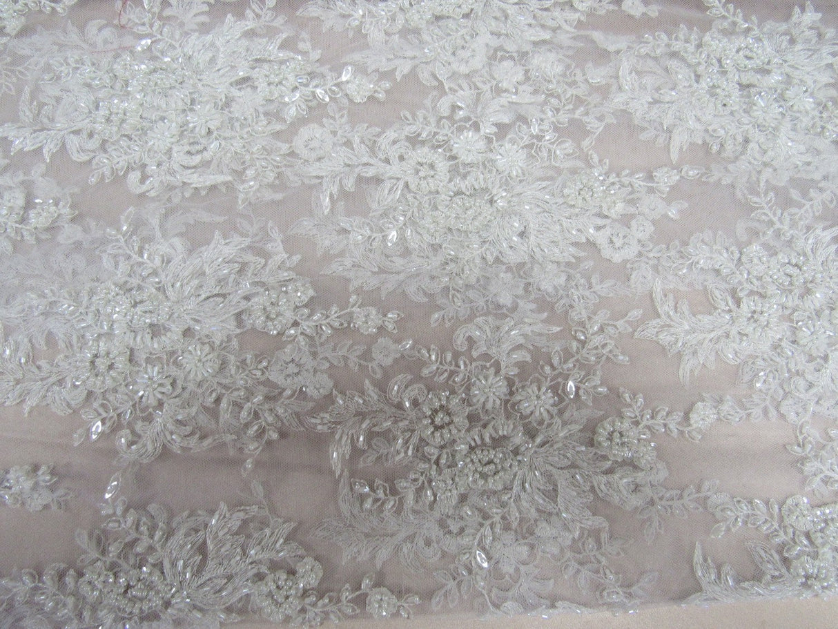 Gorgeous White French Design Embroidered And Beaded Mesh Lace Fabric - White Floral Embroidery, Metallic Shine, 50" Width (1 Yard)