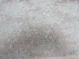 Gorgeous White French Design Embroidered And Beaded Mesh Lace Fabric - White Floral Embroidery, Metallic Shine, 50" Width (1 Yard)