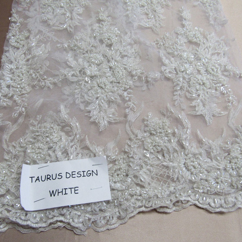 Gorgeous White French Design Embroidered And Beaded Mesh Lace Fabric - White Floral Embroidery, Metallic Shine, 50" Width (1 Yard)