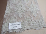 Gorgeous White French Design Embroidered And Beaded Mesh Lace Fabric - White Floral Embroidery, Metallic Shine, 50" Width (1 Yard)