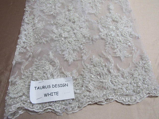 Gorgeous White French Design Embroidered And Beaded Mesh Lace Fabric - White Floral Embroidery, Metallic Shine, 50" Width (1 Yard)