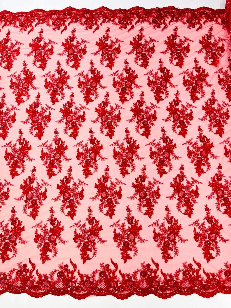Gorgeous Beaded Lace On Mesh Polyester Fabric - Beaded Lace, 50" Width (1 Yard)