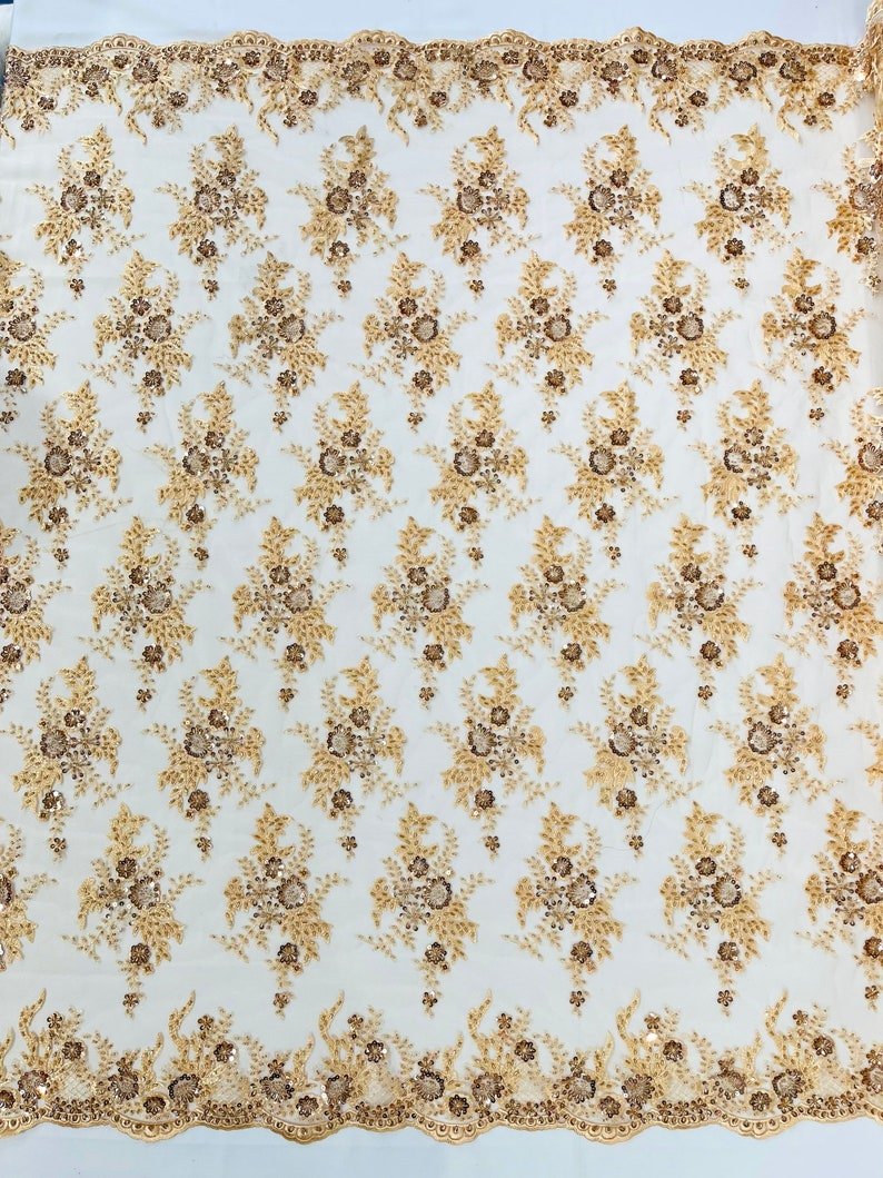 Gorgeous Beaded Lace On Mesh Polyester Fabric - Beaded Lace, 50" Width (1 Yard)