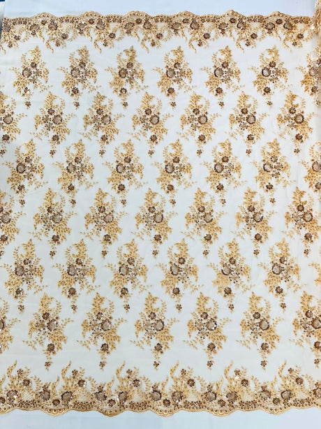 Gorgeous Beaded Lace On Mesh Polyester Fabric - Beaded Lace, 50" Width (1 Yard)