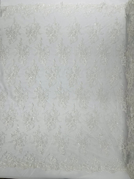 Gorgeous Beaded Lace On Mesh Polyester Fabric - Beaded Lace, 50" Width (1 Yard)