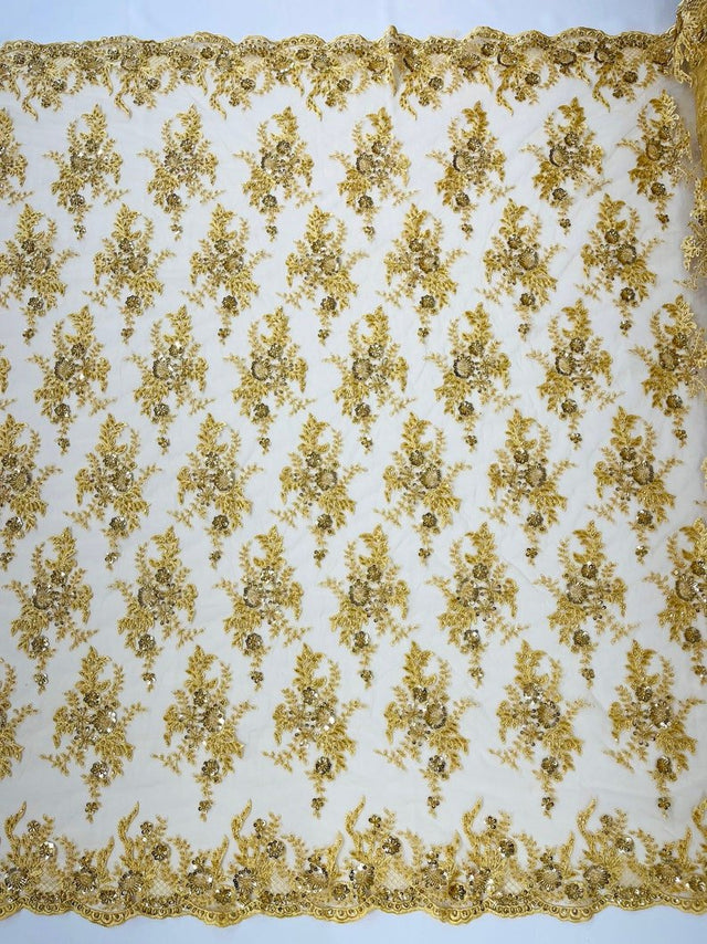 Gorgeous Beaded Lace On Mesh Polyester Fabric - Beaded Lace, 50" Width (1 Yard)