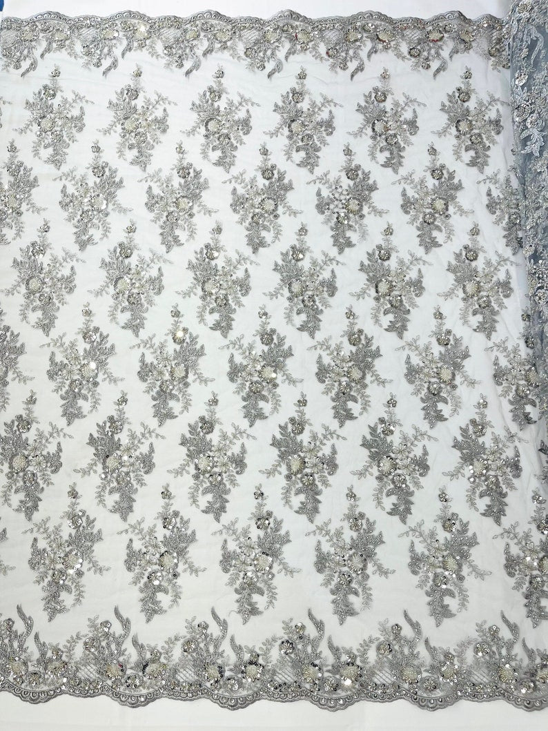 Gorgeous Beaded Lace On Mesh Polyester Fabric - Beaded Lace, 50" Width (1 Yard)