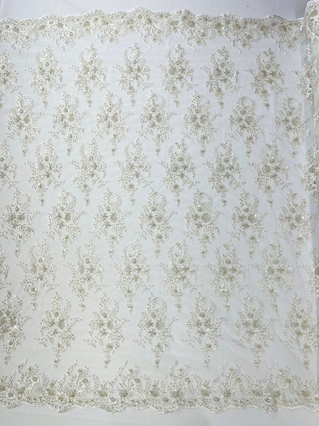 Gorgeous Beaded Lace On Mesh Polyester Fabric - Beaded Lace, 50" Width (1 Yard)