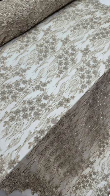 Champagne Beaded Lace Floral Embroidery Mesh
